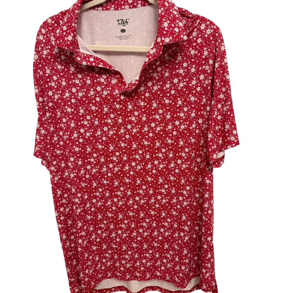 1764 Signature Men's L Red Floral Print Short Sleeve‎ Collared Polo Shirt